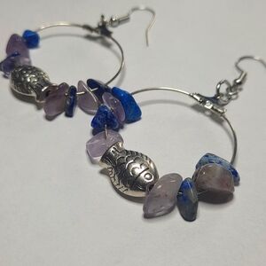 Natural Gemstone Earrings Amethyst and Lapis Lazuli Hoops with Silver Fish Charm